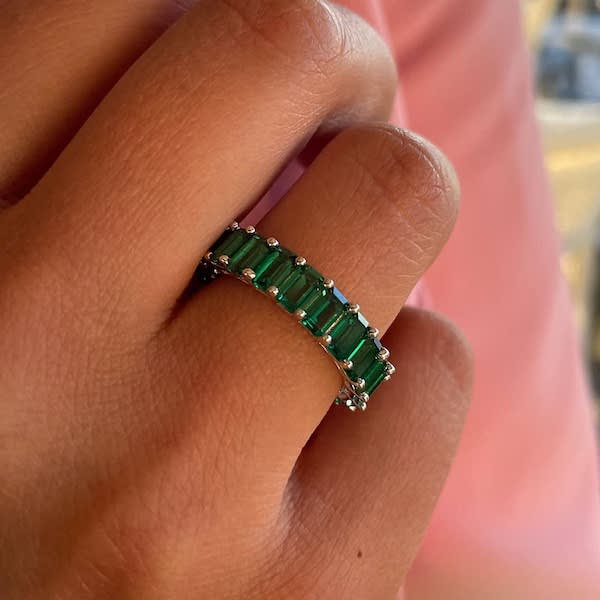 Anastasia Baguette Cut Emerald Green Ring | Waterproof Silver
