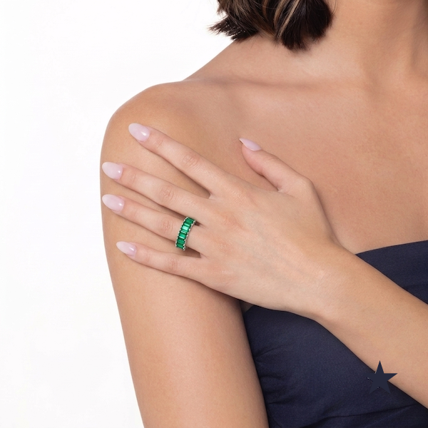 Anastasia Baguette Cut Emerald Green Ring | Waterproof Silver