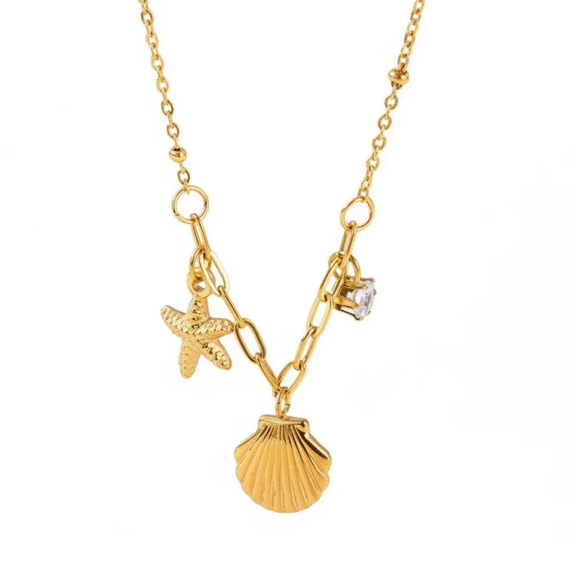 Aris Shell & Starfish Crystal Necklace | Waterproof 18k Gold
