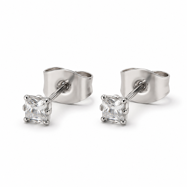Aura Square Cut Solitaire CZ Studs  | Waterproof Silver Gold 3MM