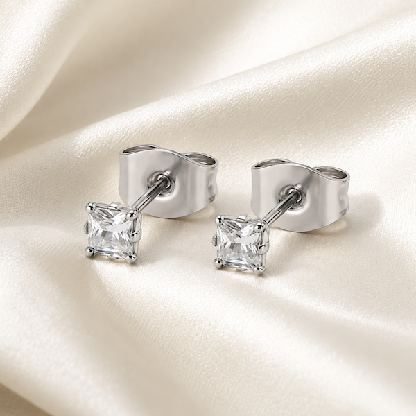 Aura Square Cut Solitaire CZ Studs  | Waterproof Silver Gold 3MM