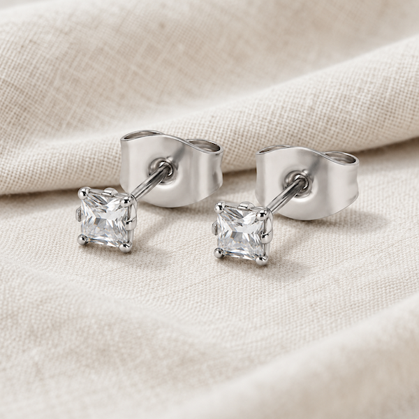 Aura Square Cut Solitaire CZ Studs  | Waterproof Silver Gold 3MM