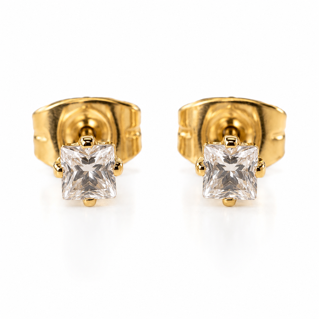 Aura Square Cut Solitaire CZ Studs | Waterproof 18k Gold 4MM