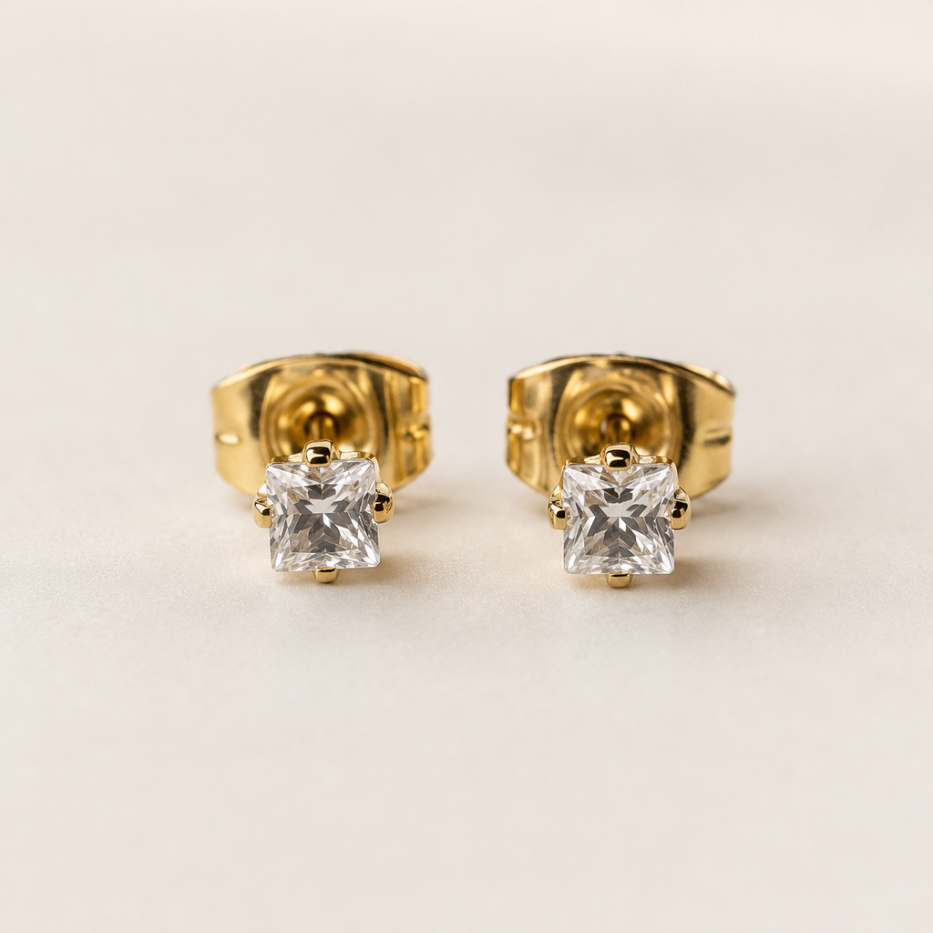 Aura Square Cut Solitaire CZ Studs | Waterproof 18k Gold 4MM