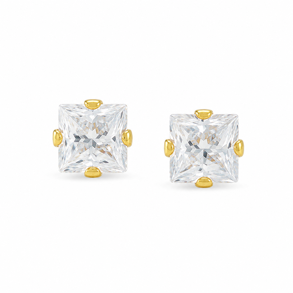 Aura Square Cut Solitaire CZ Studs  | Waterproof 18k Gold 6MM