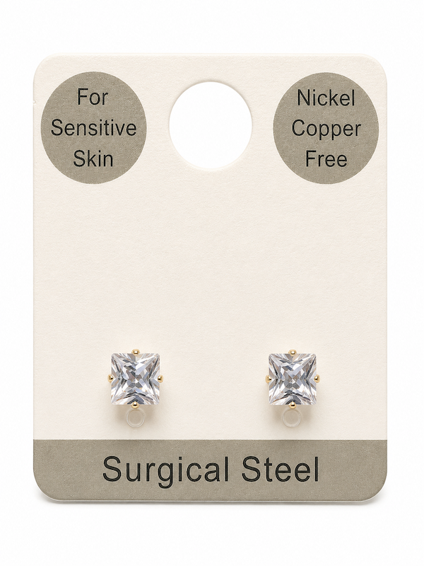 Aura Square Cut Solitaire CZ Studs  | Waterproof 18k Gold 6MM