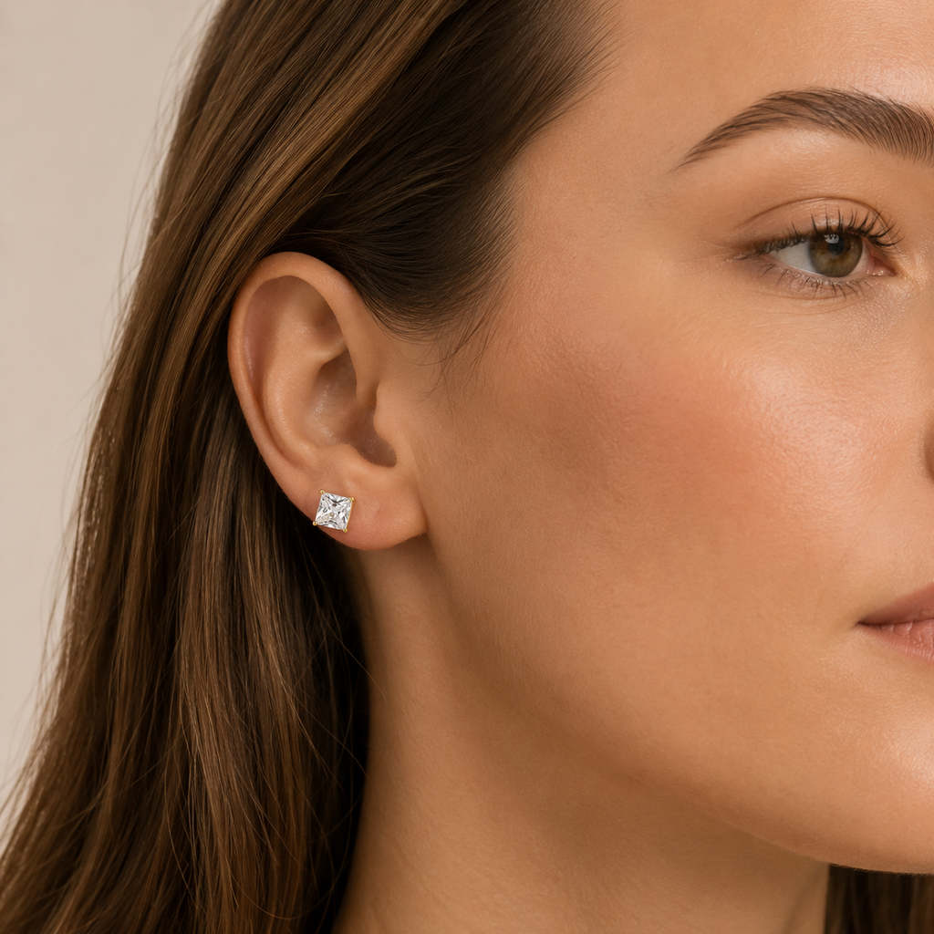 Aura Square Cut Solitaire CZ Studs  | Waterproof 18k Gold 6MM