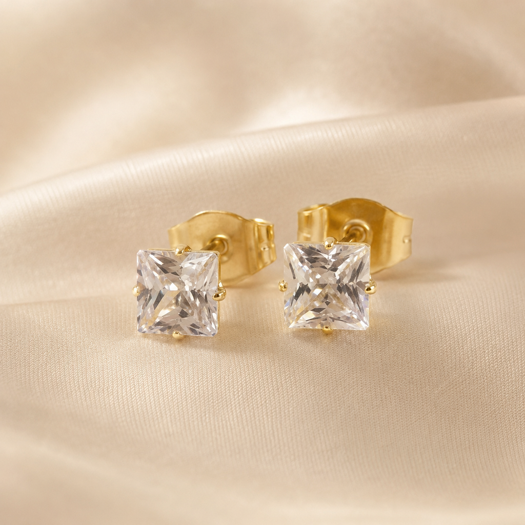 Aura Square Cut Solitaire CZ Studs  | Waterproof 18k Gold 6MM