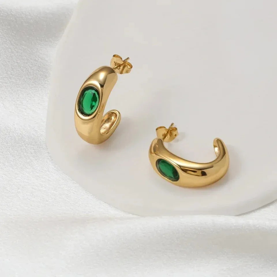 Azure Emerald Green Hoop Earrings | Waterproof 18k Gold