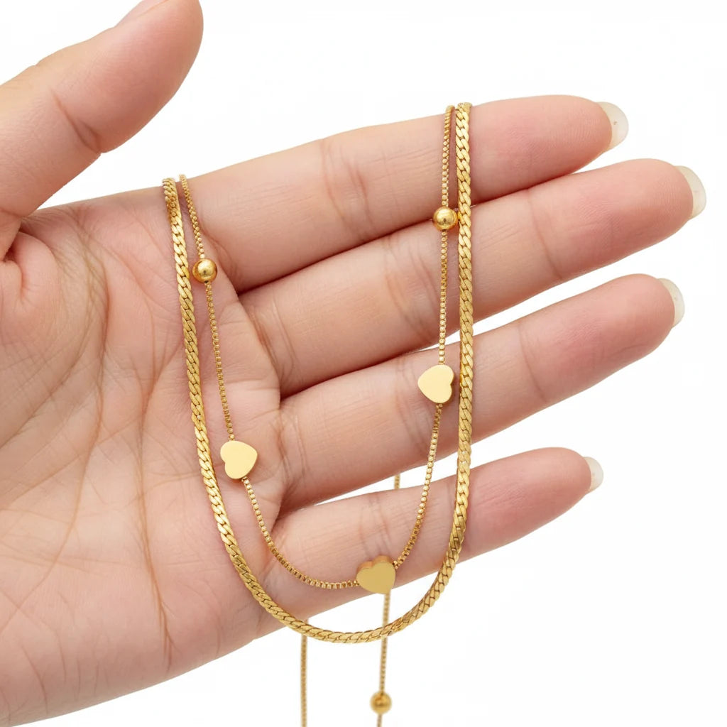 Bayla Heart Trio Double Chain Necklace | Waterproof 18k Gold