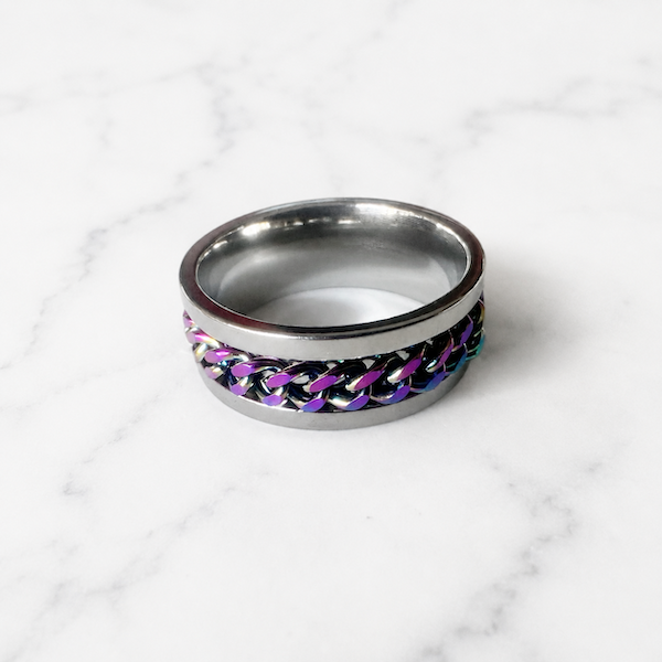 Beega Oil Slick Spinning Chain Fidget Ring | Waterproof Silver