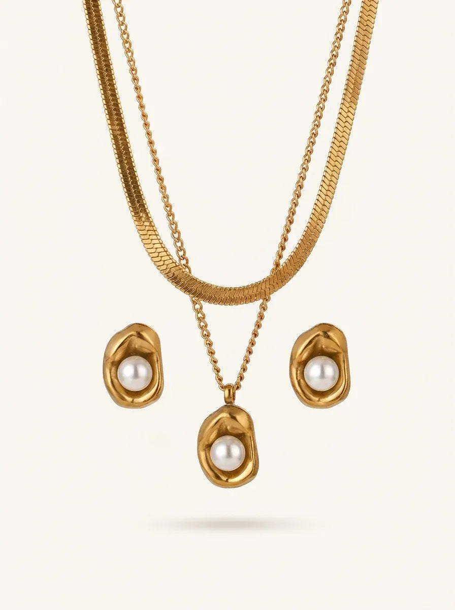 Blaire Pearl Double Chain Necklace | Waterproof 18k Gold