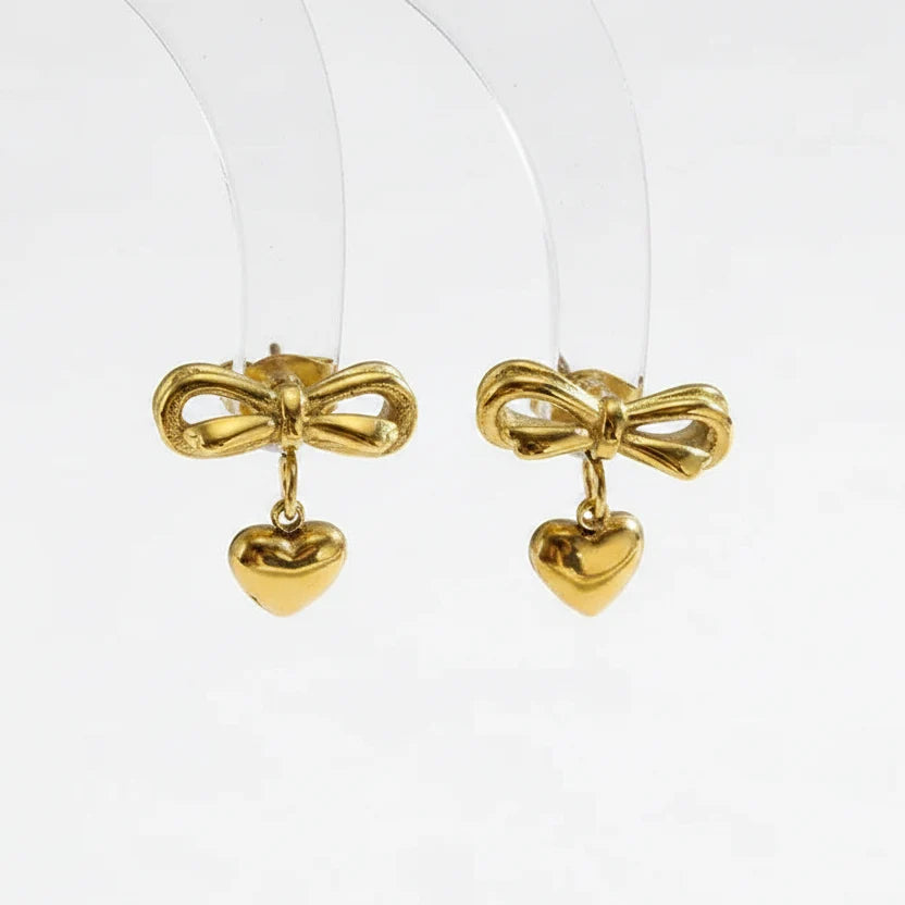 Blythe Bow & Heart Drop Earrings | Waterproof 18k Gold