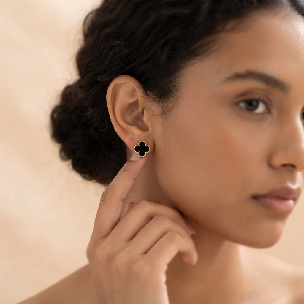 Bronte Five-Leaf Black Clover Stud Earrings | Waterproof 18k Gold