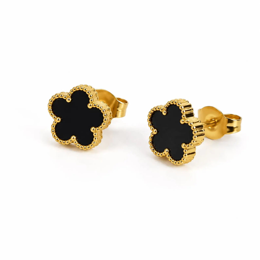 Bronte Five-Leaf Black Clover Stud Earrings | Waterproof 18k Gold