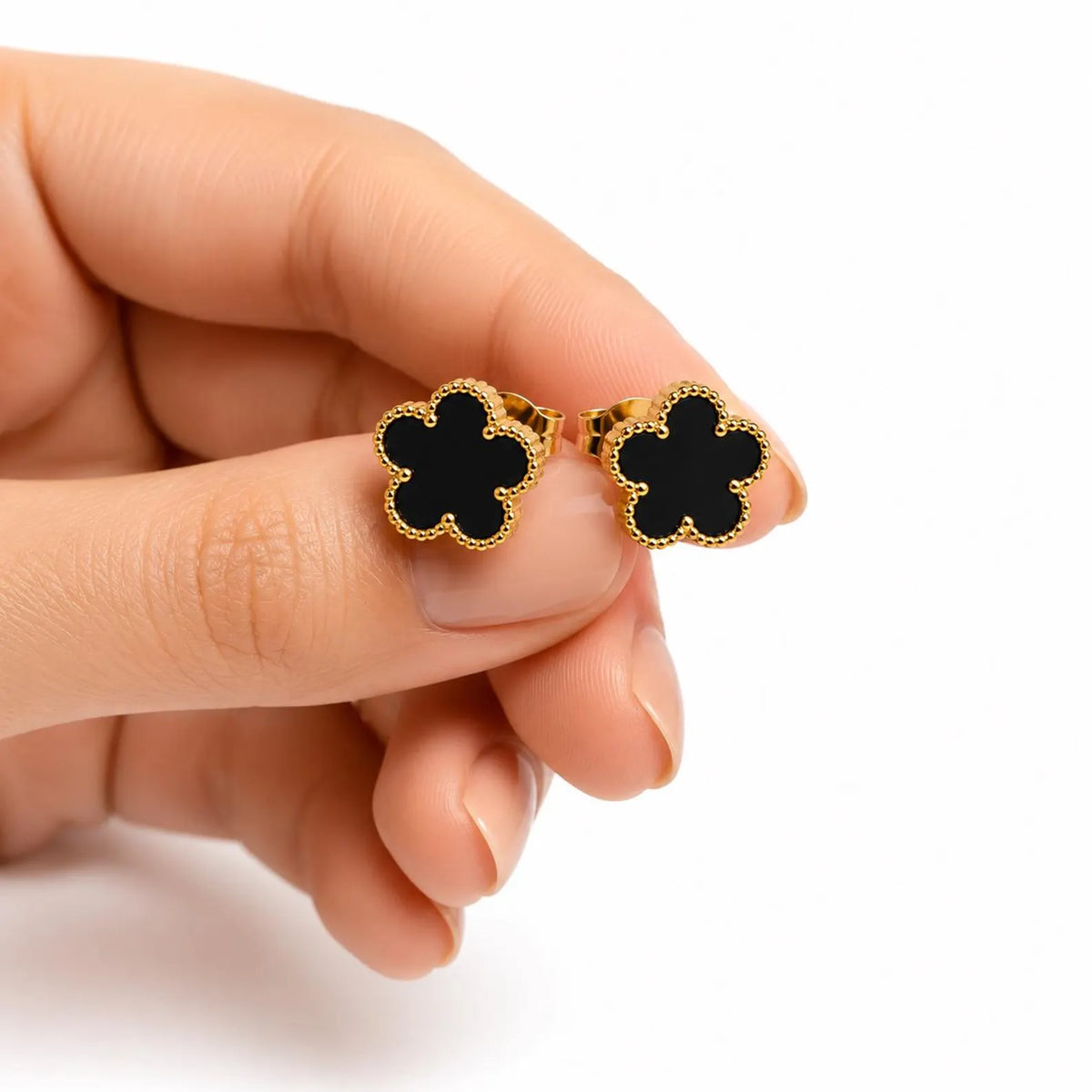 Bronte Five-Leaf Black Clover Stud Earrings | Waterproof 18k Gold