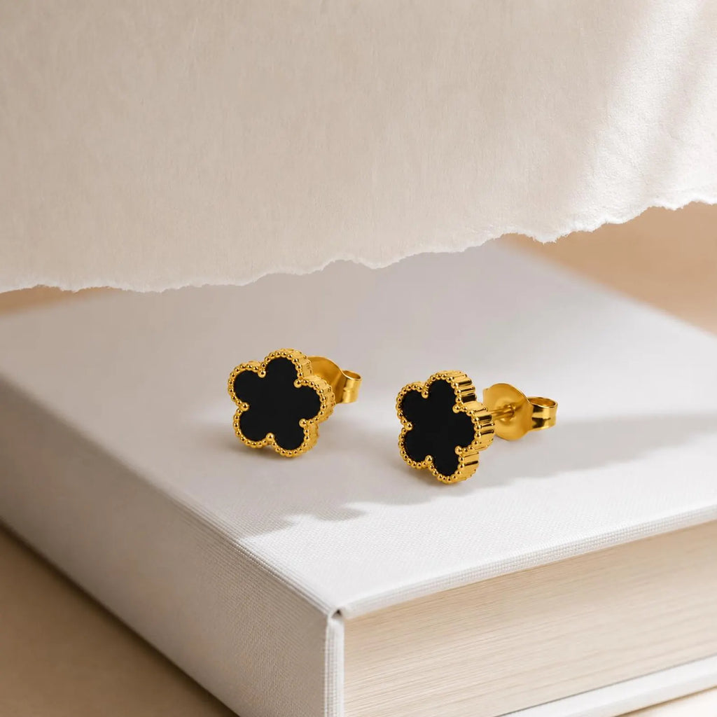 Bronte Five-Leaf Black Clover Stud Earrings | Waterproof 18k Gold