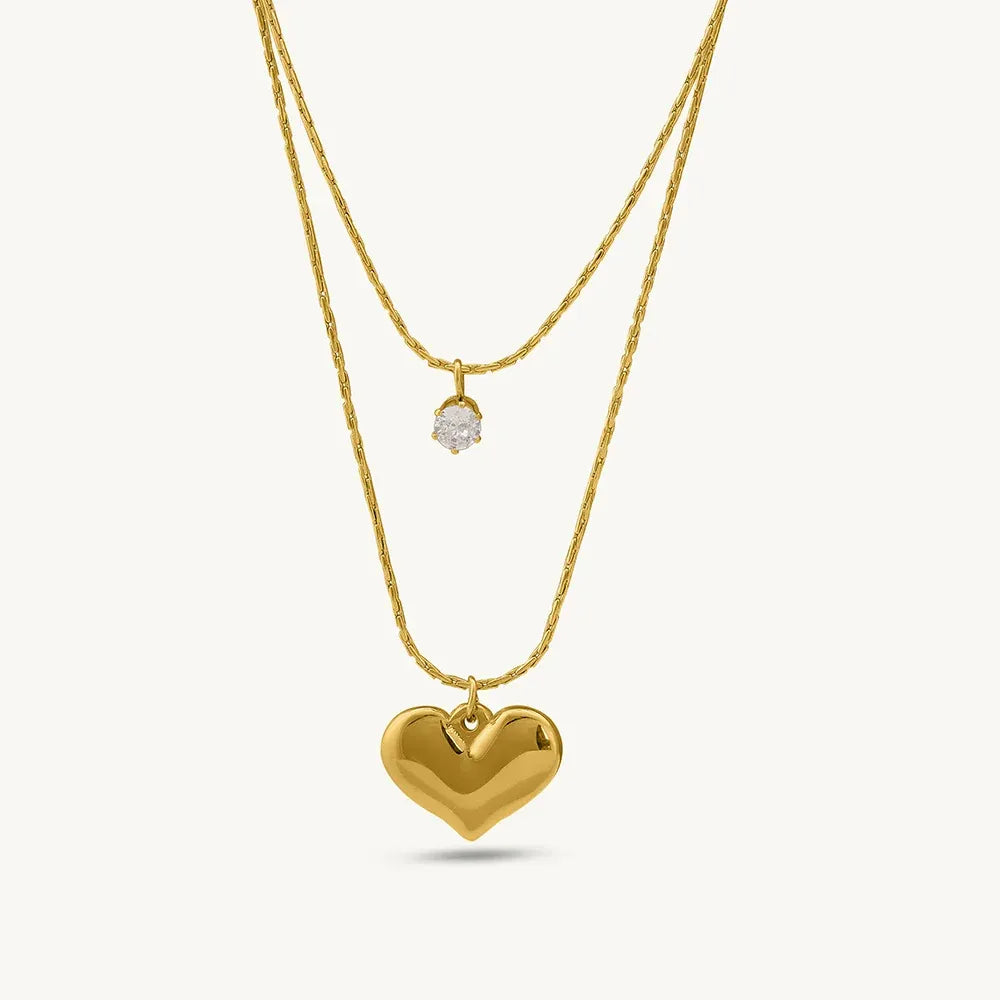Brynn Crystal Heart Double Chain Necklace | Waterproof 18k Gold