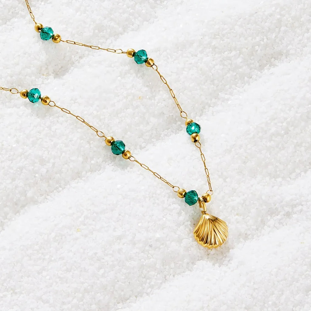 Bryony Green Beads Shell Necklace | Waterproof 18k Gold