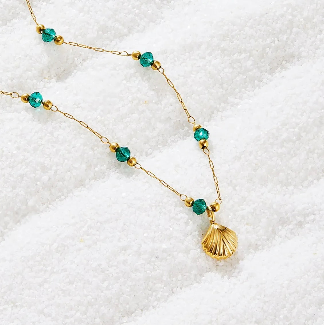 Bryony Green Beads Shell Necklace | Waterproof 18k Gold