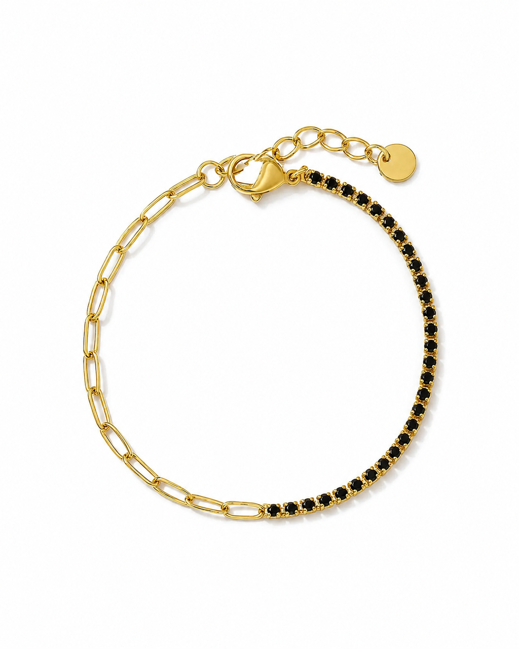 Cassia Black Onyx Crystal Tennis Chain Bracelet | Waterproof 18k Gold