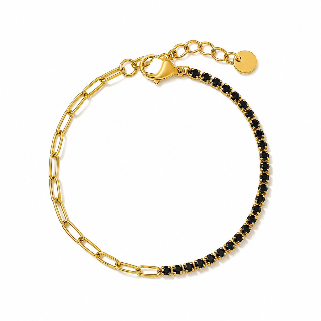 Cassia Black Onyx Crystal Tennis Chain Bracelet | Waterproof 18k Gold