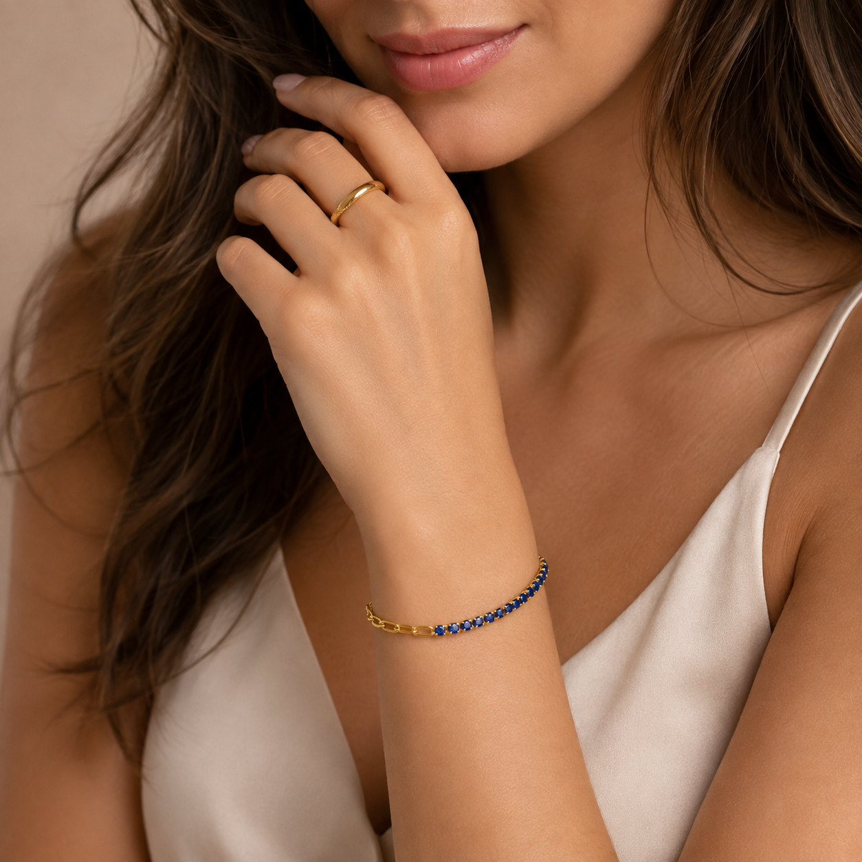Cassia Blue Sapphire Crystal Tennis Chain Bracelet | Waterproof 18k Gold
