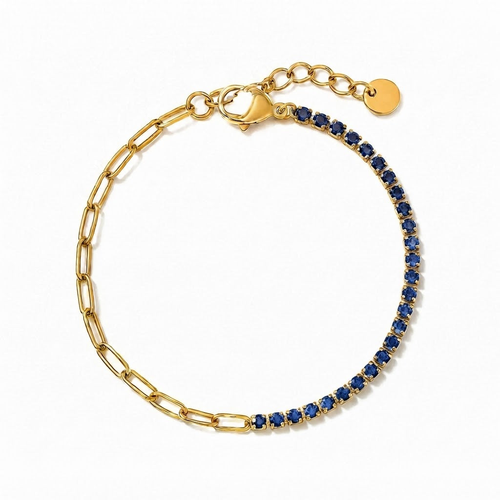 Cassia Blue Sapphire Crystal Tennis Chain Bracelet | Waterproof 18k Gold