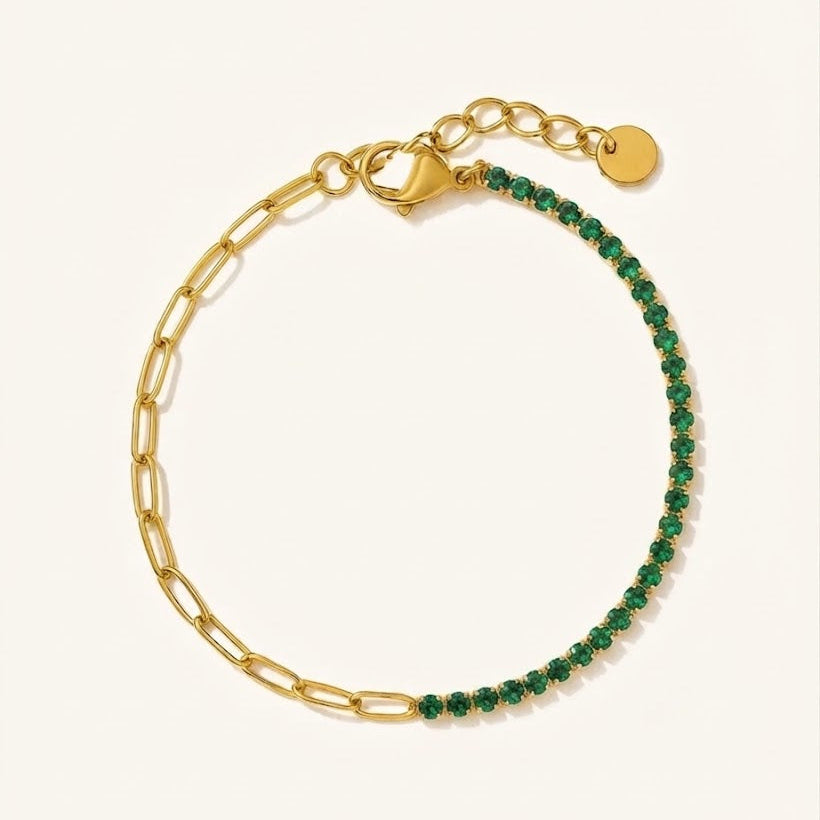 Cassia Emerald Green Crystal Tennis Chain Bracelet | Waterproof 18k Gold