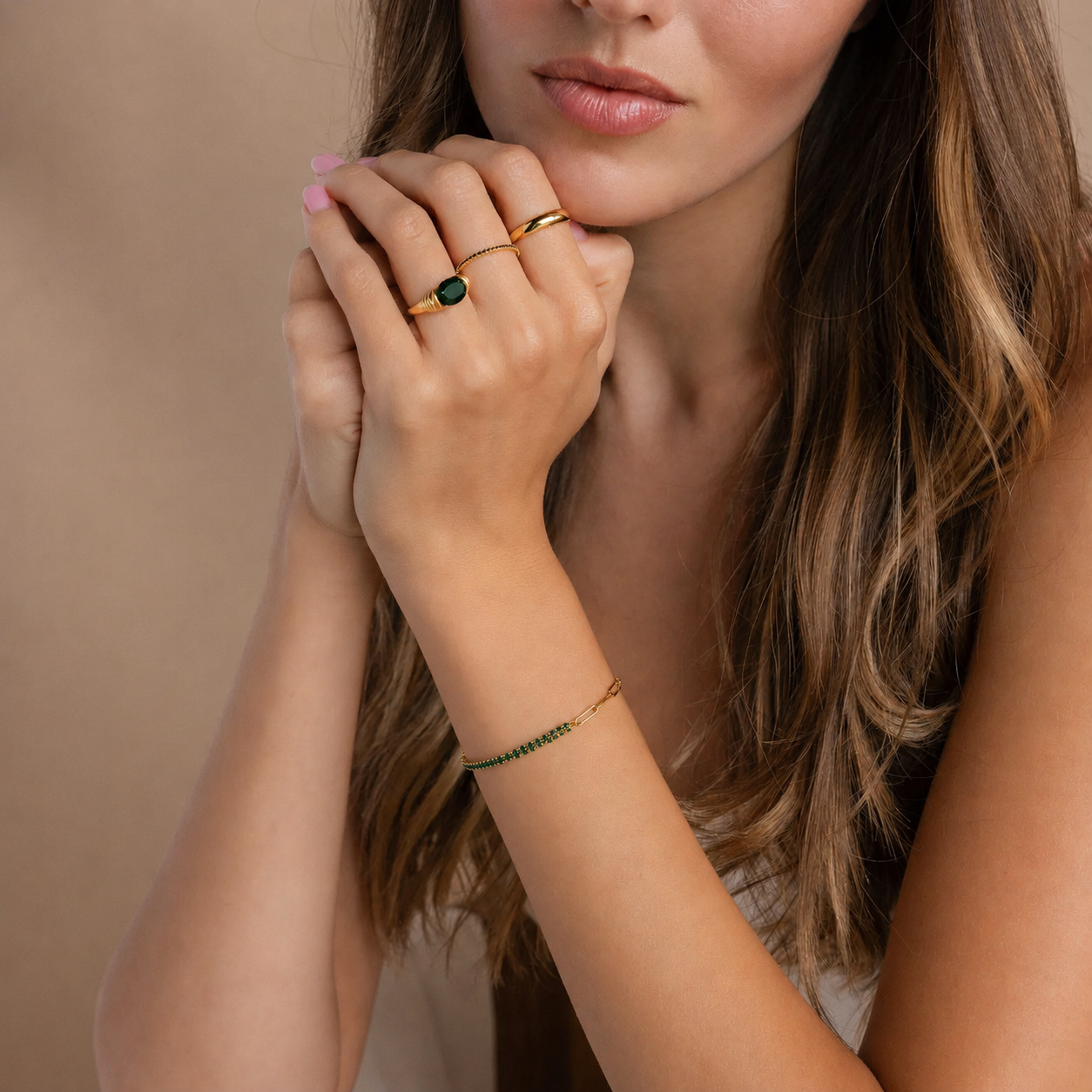 Cassia Emerald Green Crystal Tennis Chain Bracelet | Waterproof 18k Gold