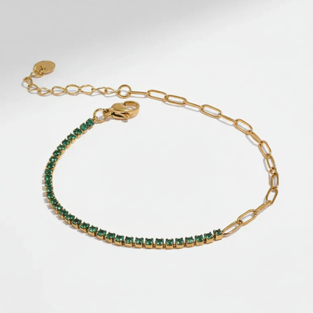 Cassia Emerald Green Crystal Tennis Chain Bracelet | Waterproof 18k Gold