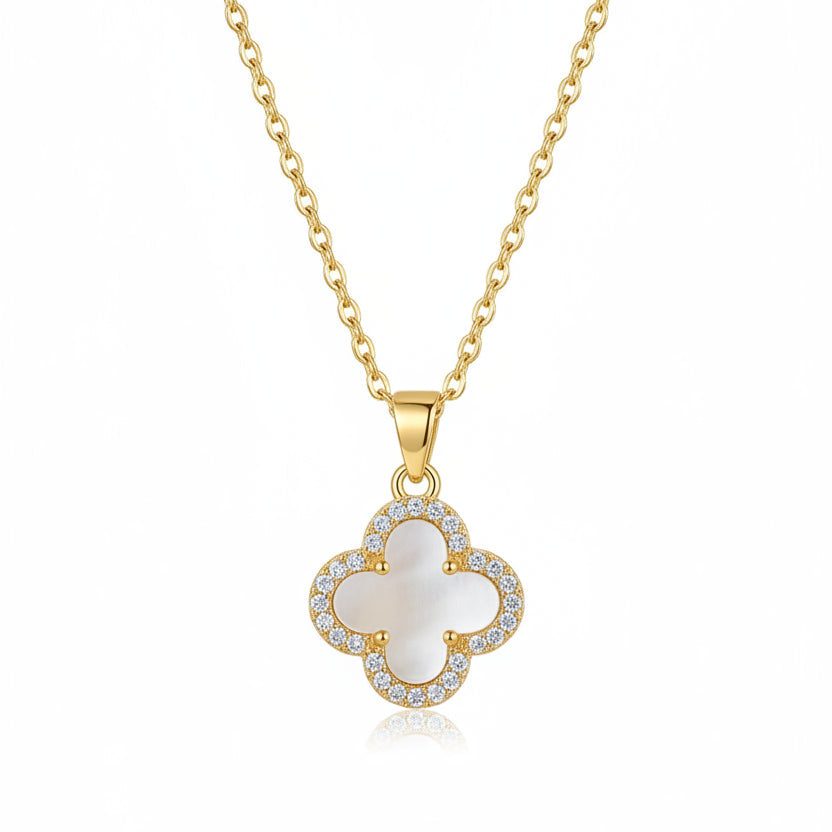 Cecilia Four-Leaf Diamante Clover Pearl Necklace | Waterproof 18k Gold		
