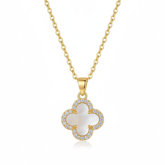 Cecilia Four-Leaf Diamante Clover Pearl Necklace | Waterproof 18k Gold		
