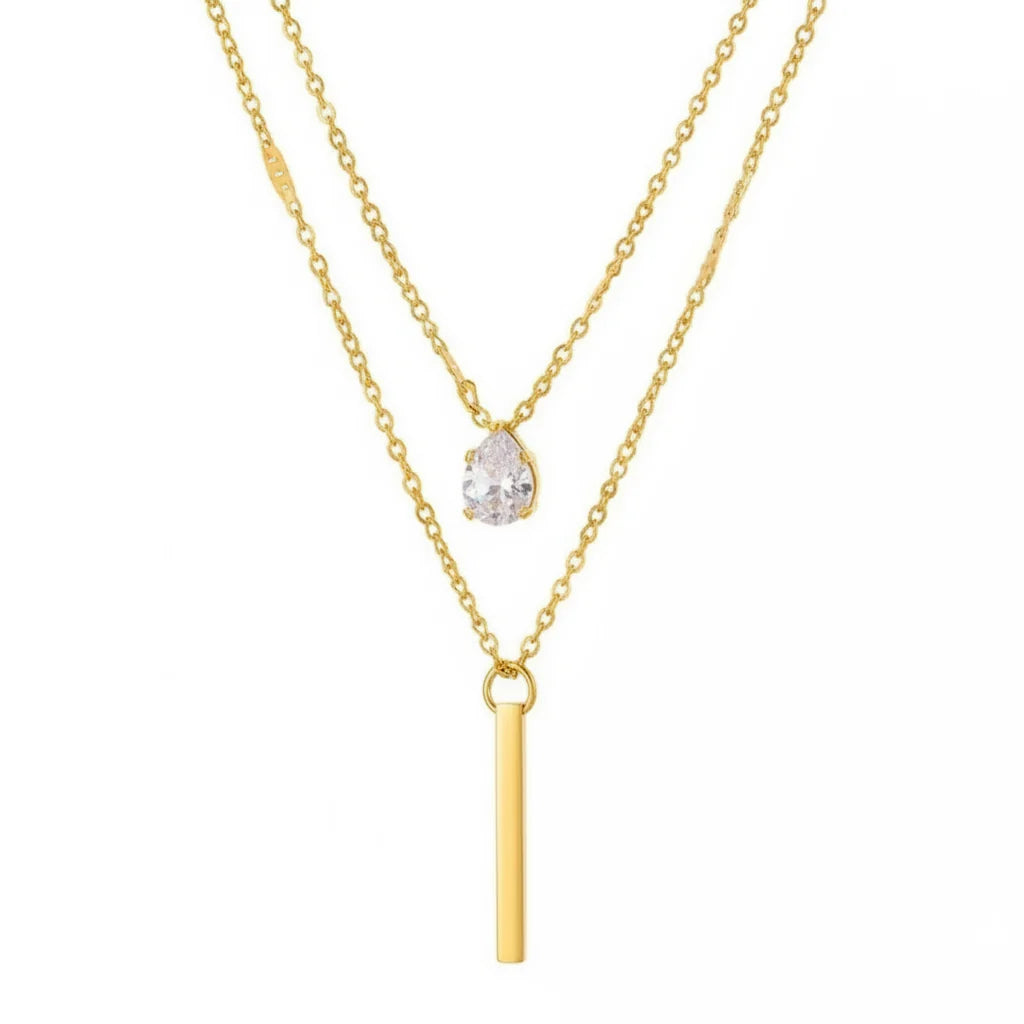 Cloda Solitaire Crystal Double Layer Necklace | Waterproof 18k Gold