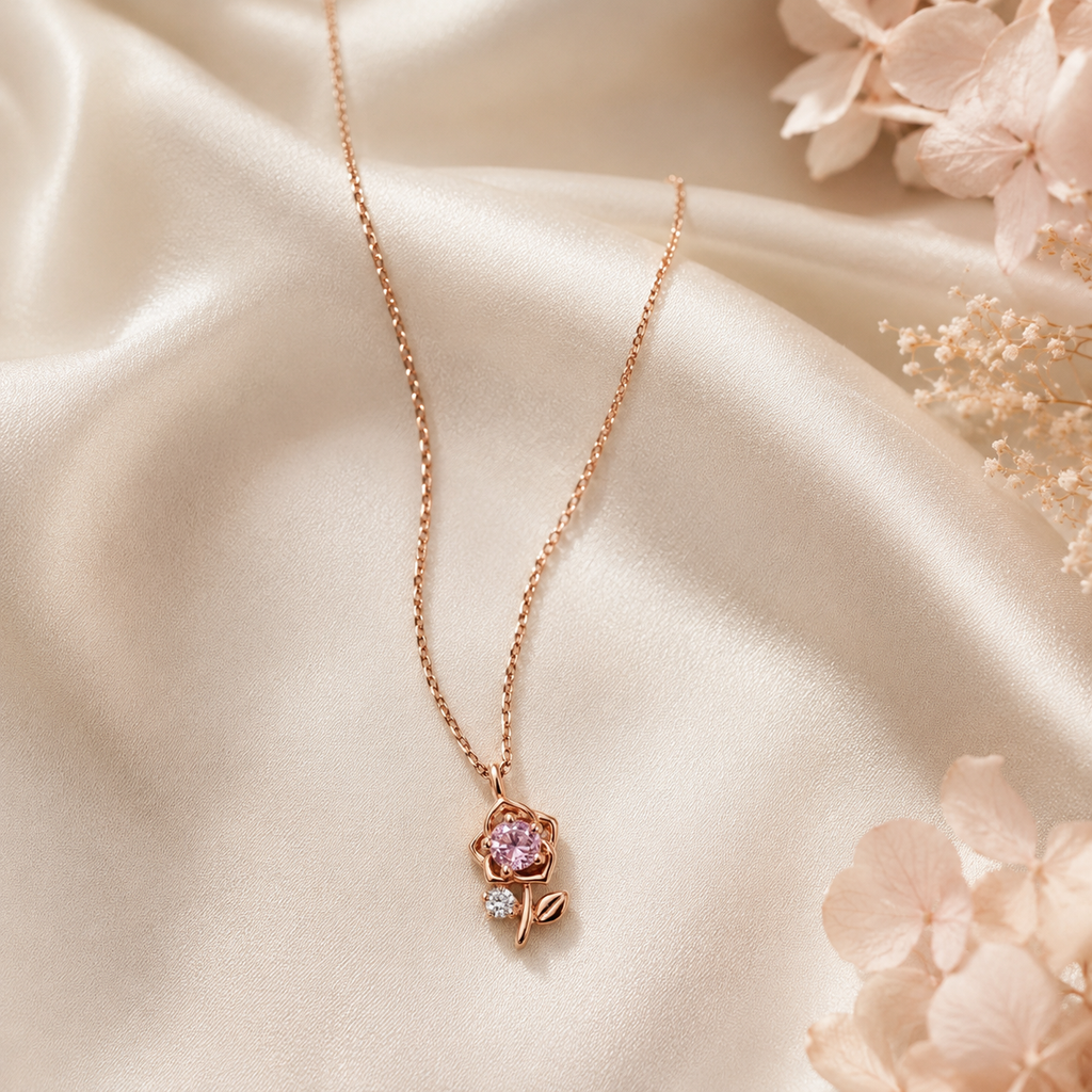 Ciara Pink Crystal Rose Necklace- Rose gold