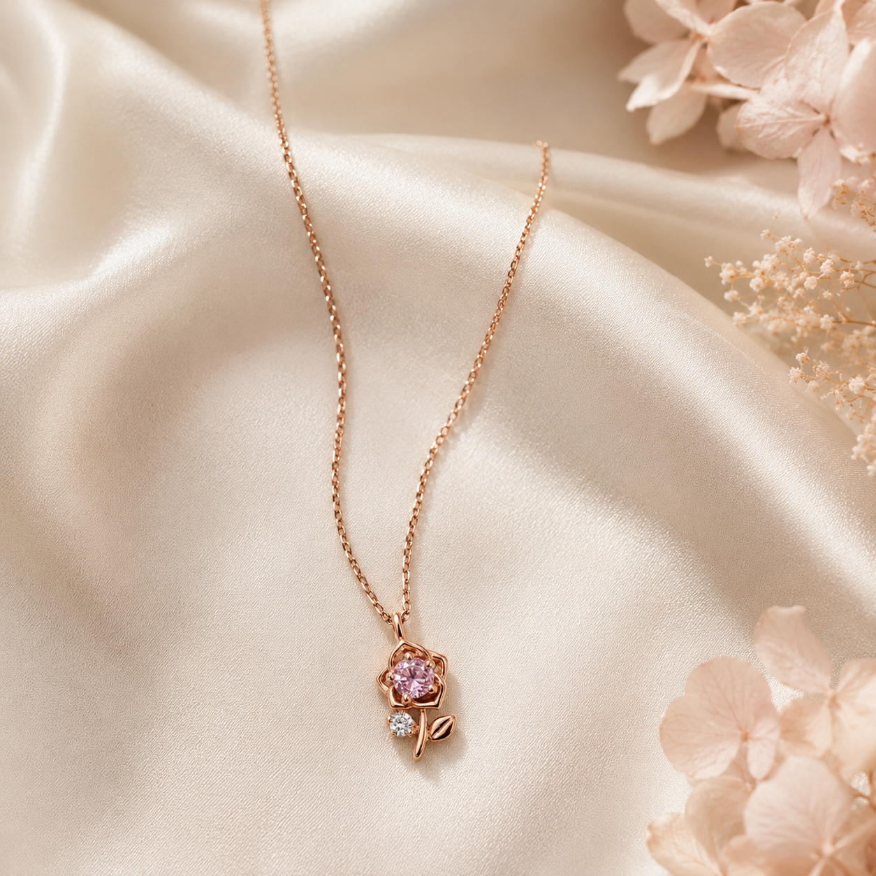 Ciara Pink Crystal Rose Necklace- Rose gold