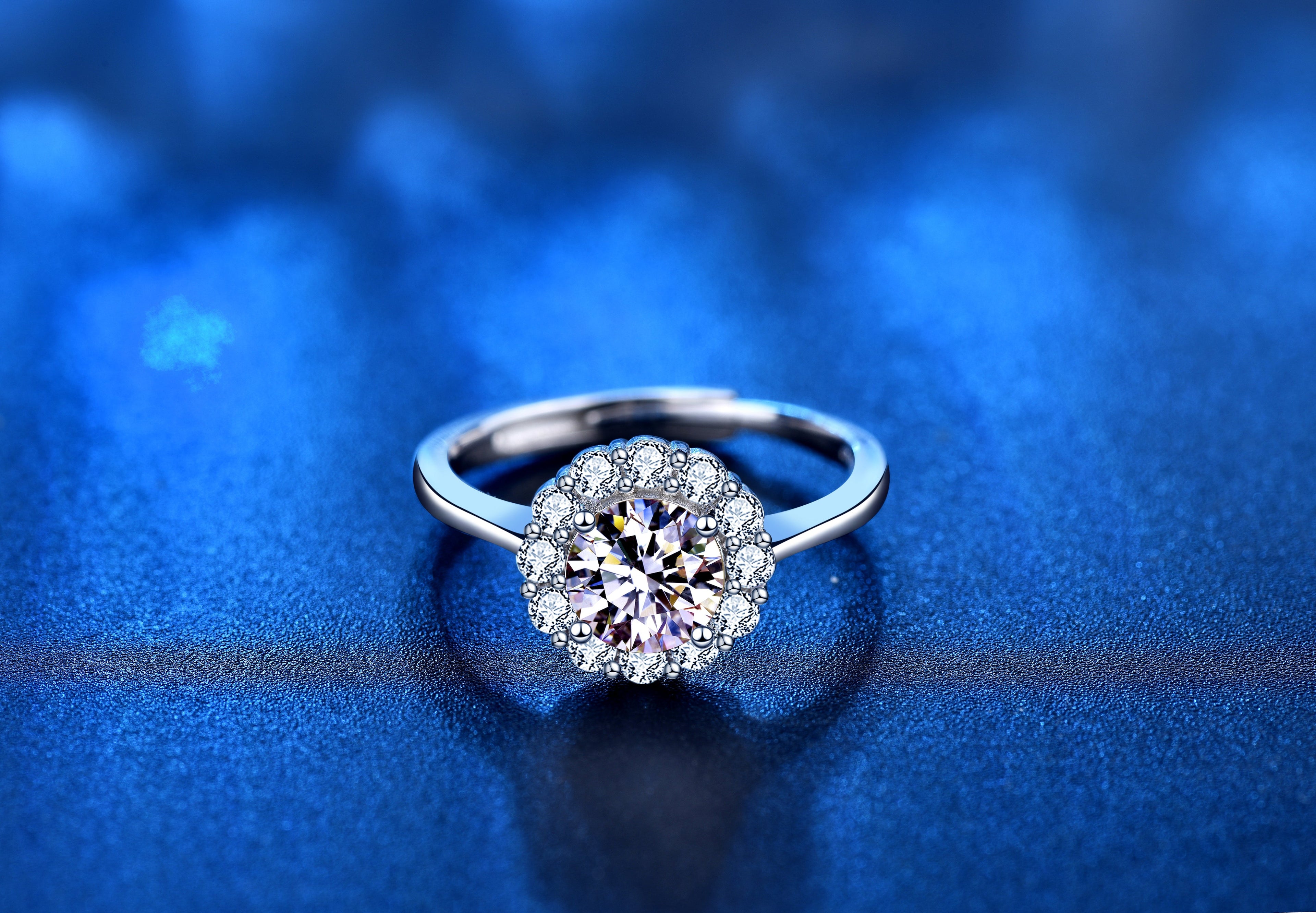 1 Carat Solitaire Moissanite Halo Ring, Platinum Overlay Sterling Silver - Adjustable Size