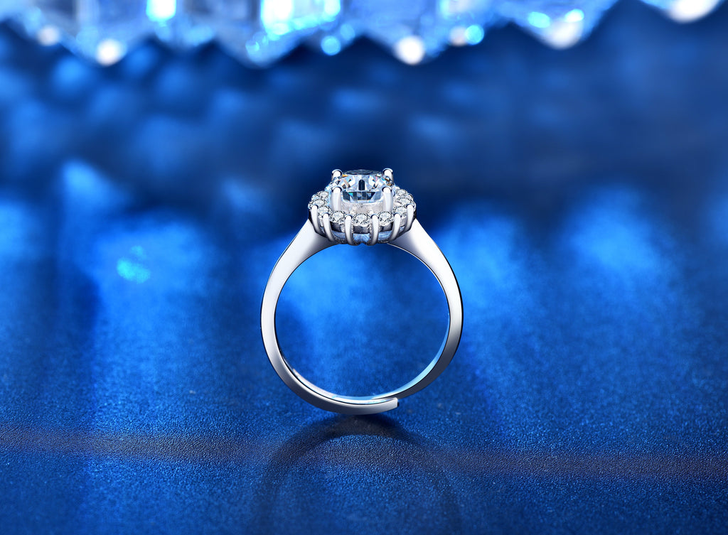 1 Carat Solitaire Moissanite Halo Ring, Platinum Overlay Sterling Silver - Adjustable Size