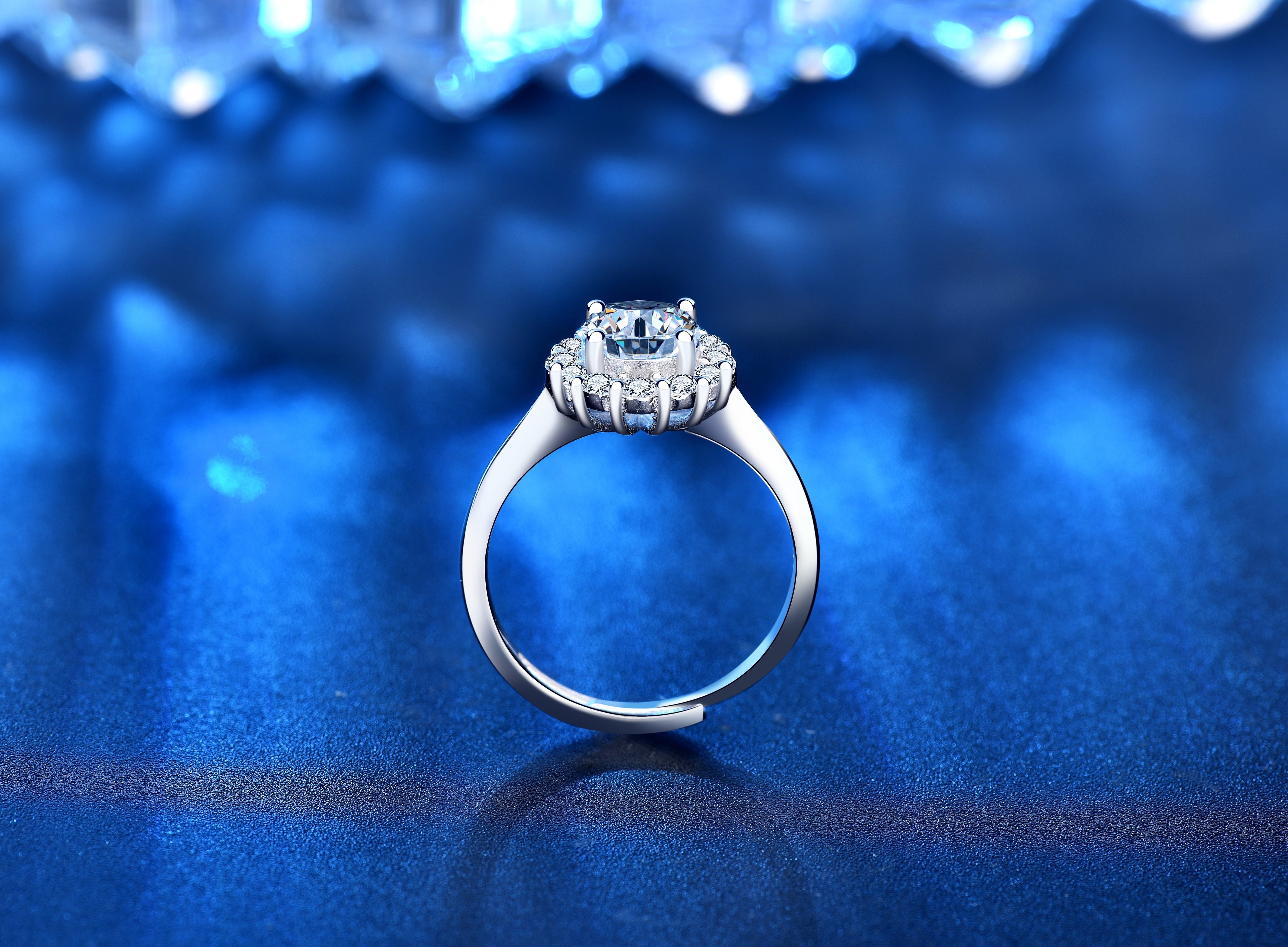 1 Carat Solitaire Moissanite Halo Ring, Platinum Overlay Sterling Silver - Adjustable Size