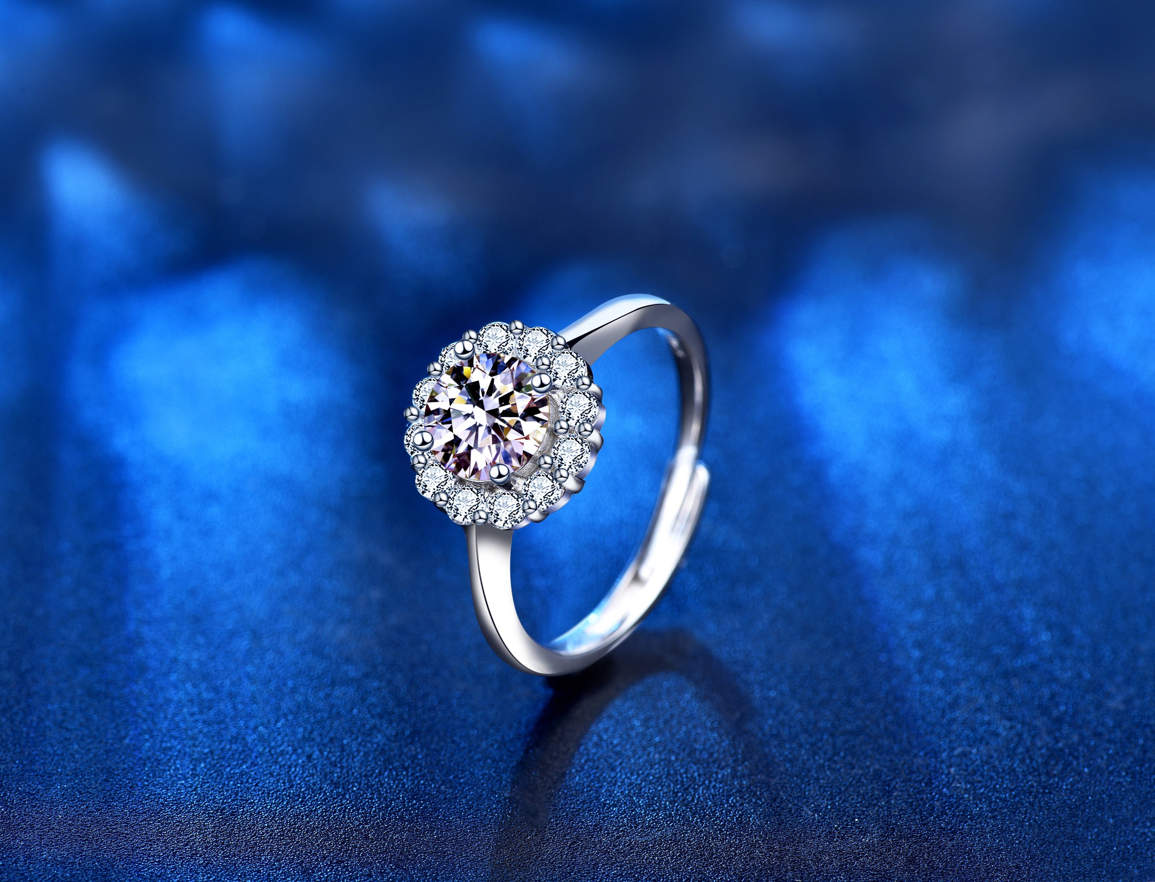 1 Carat Solitaire Moissanite Halo Ring, Platinum Overlay Sterling Silver - Adjustable Size