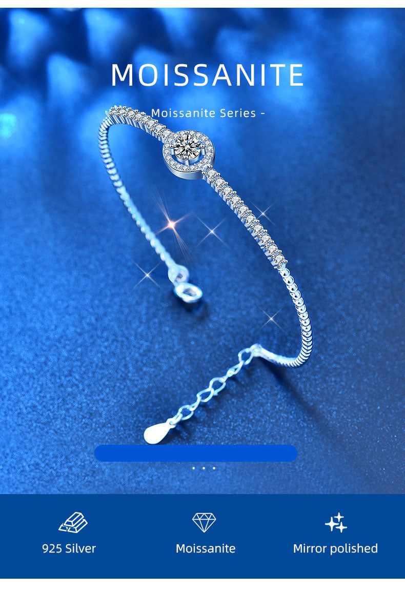 1 Carat Moissanite Halo Center Bangle Bracelet with Side Moissanites in Platinum Overlay Silver