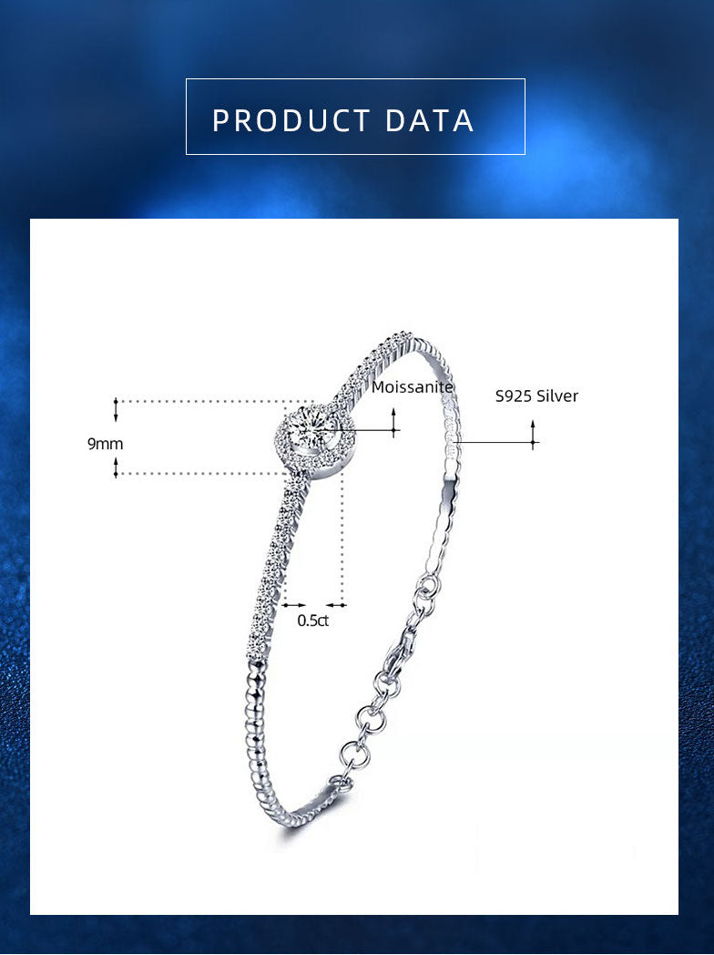 1 Carat Moissanite Halo Center Bangle Bracelet with Side Moissanites in Platinum Overlay Silver