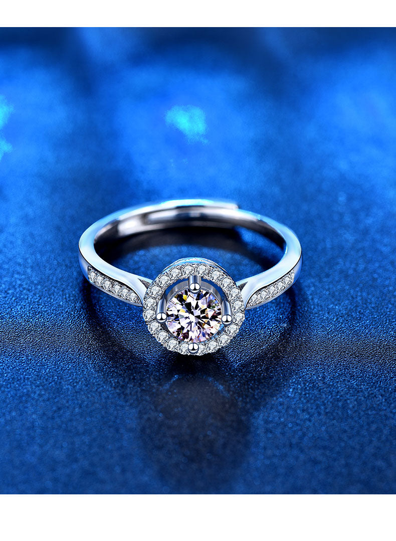 1 Carat Solitaire Moissanite Halo Ring with Pavé Side Stones, Platinum Overlay Sterling Silver - Adjustable Size