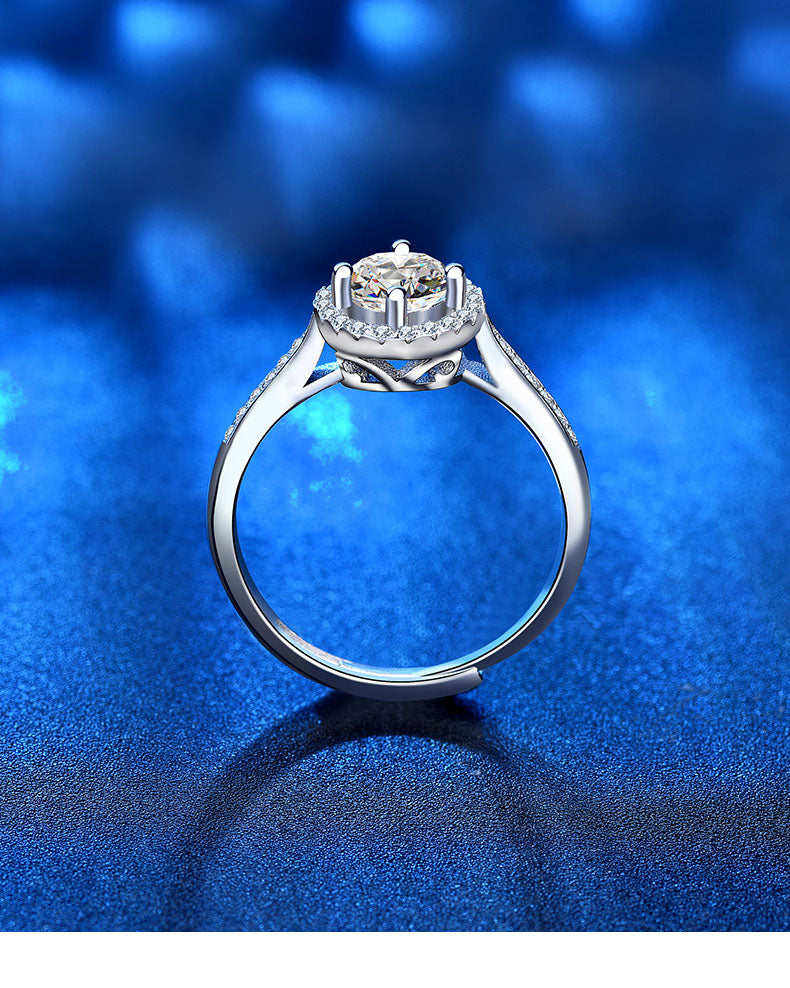 1 Carat Solitaire Moissanite Halo Ring with Pavé Side Stones, Platinum Overlay Sterling Silver - Adjustable Size