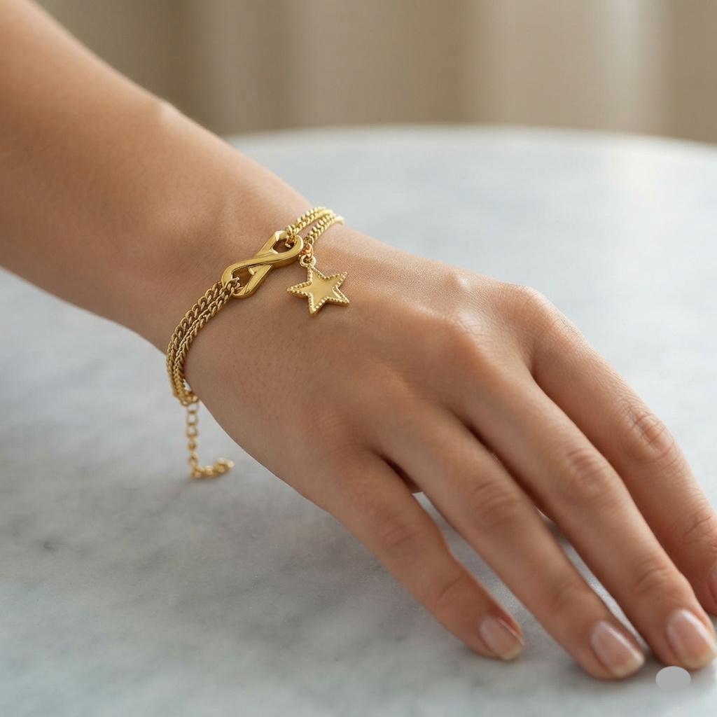 Eena Double Chain Star Charm Bracelet | Waterproof 18K Gold