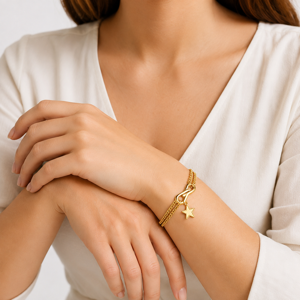 Eena Double Chain Star Charm Bracelet | Waterproof 18K Gold