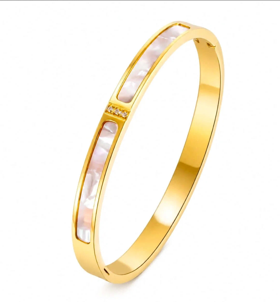 Erin	Mother of Pearl Hinged Bangle Bracelet | Waterproof 18K Gold & Rose-Gold
