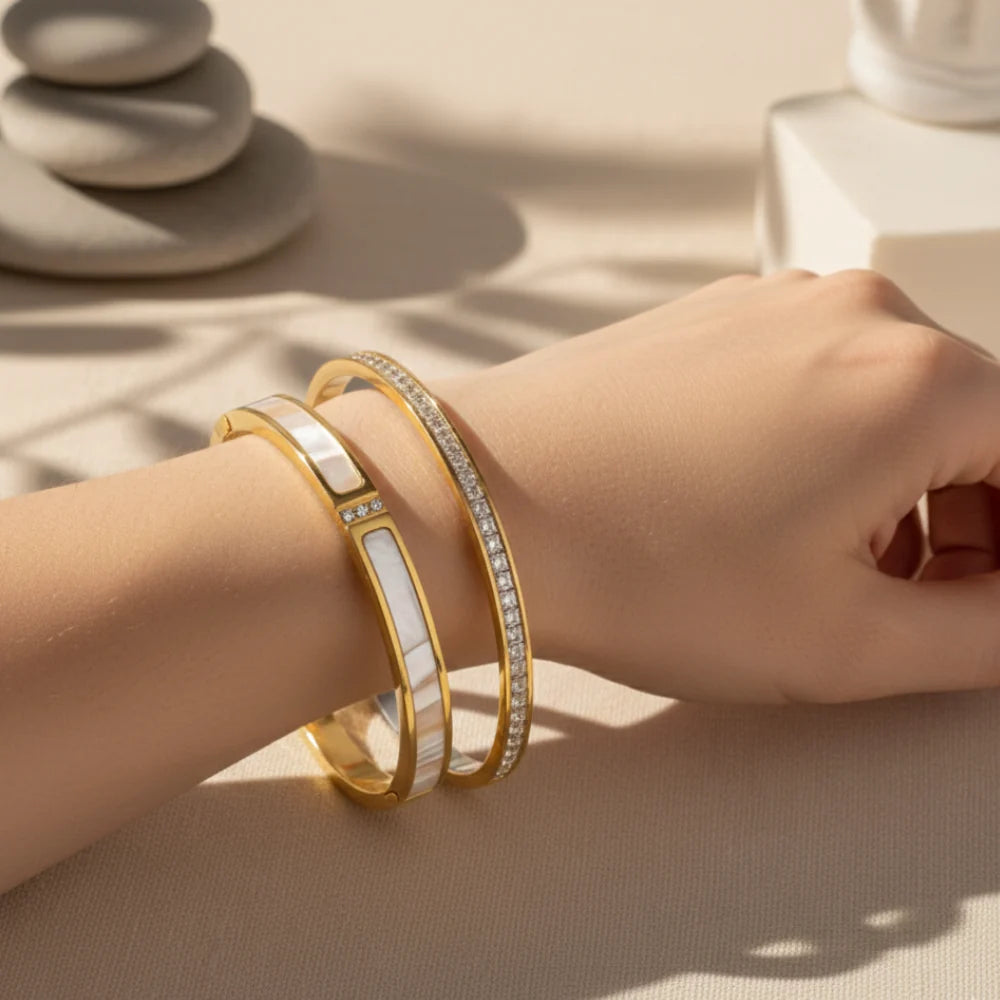 Erin	Mother of Pearl Hinged Bangle Bracelet | Waterproof 18K Gold & Rose-Gold