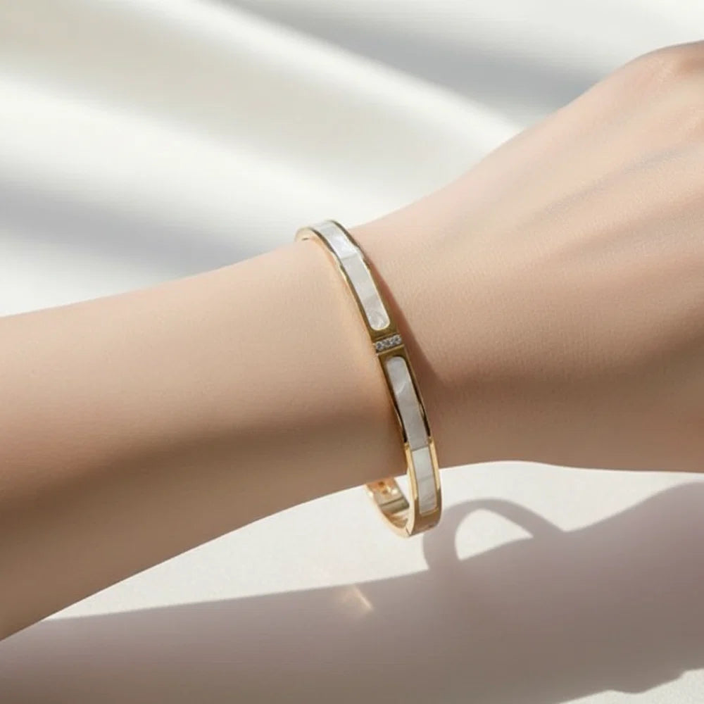 Erin	Mother of Pearl Hinged Bangle Bracelet | Waterproof 18K Gold & Rose-Gold
