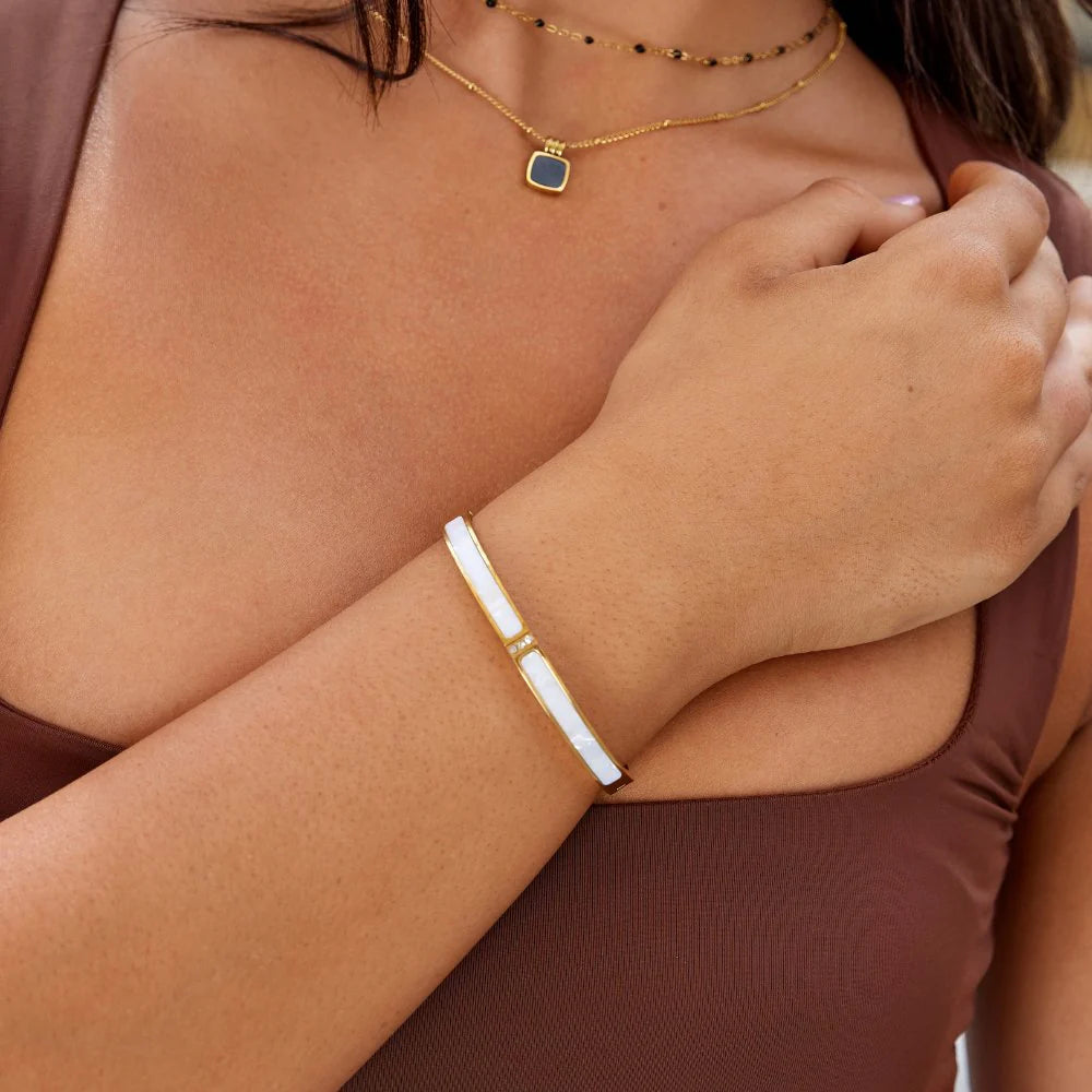 Erin	Mother of Pearl Hinged Bangle Bracelet | Waterproof 18K Gold & Rose-Gold